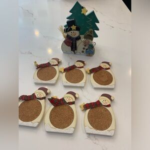 Wooden Painted Snowman Coaster Set 6 Pieces + Holder Winter Holiday Christmas.